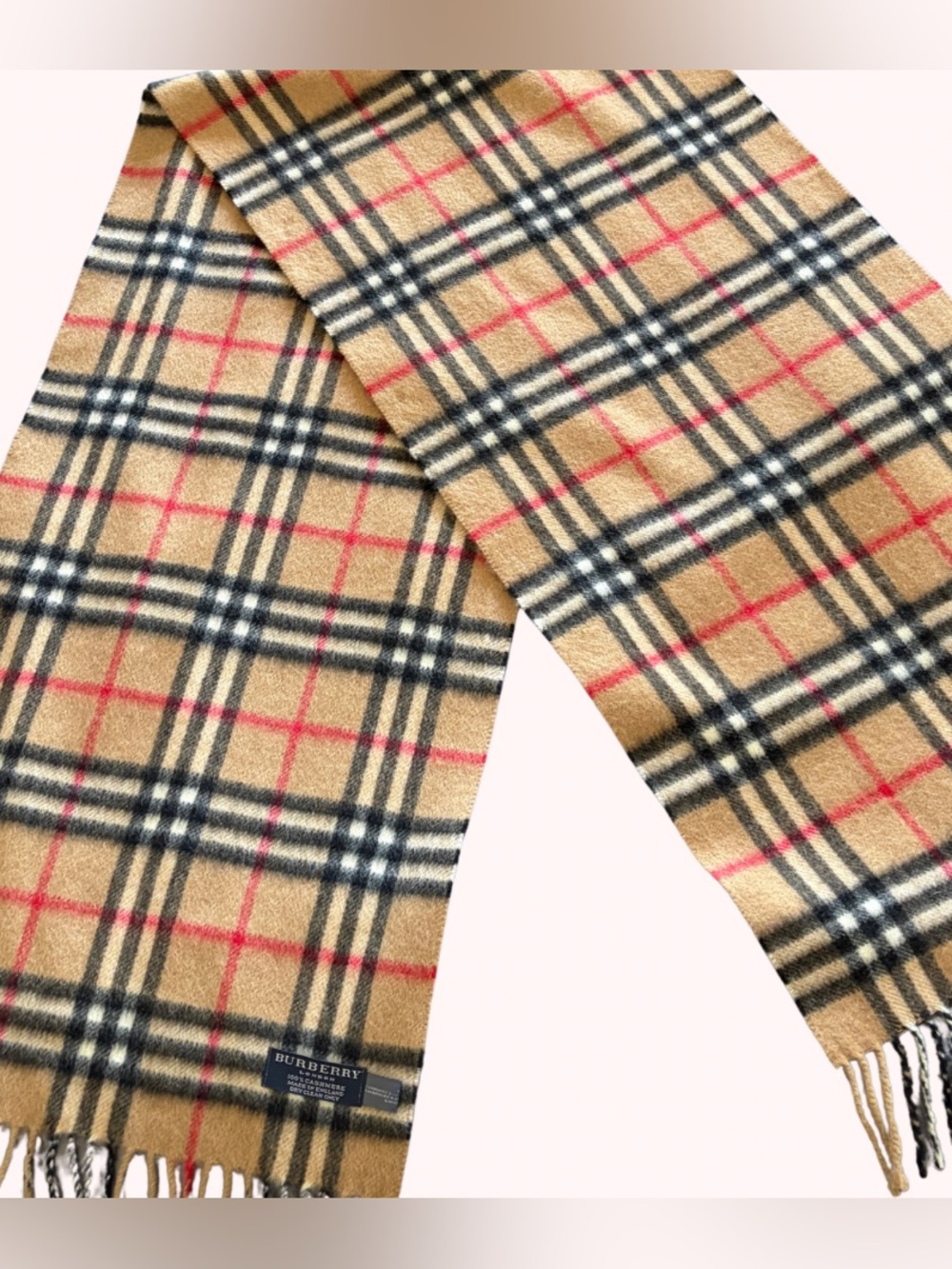 Vintage Burberry Cashmere Nova Check 100% Scarf Made in England Camel - Picture 8 of 8